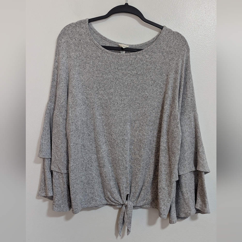 Caution To The Wind Gray Tiered Bell Sleeve Wide Neck Tie Front Sweater Large